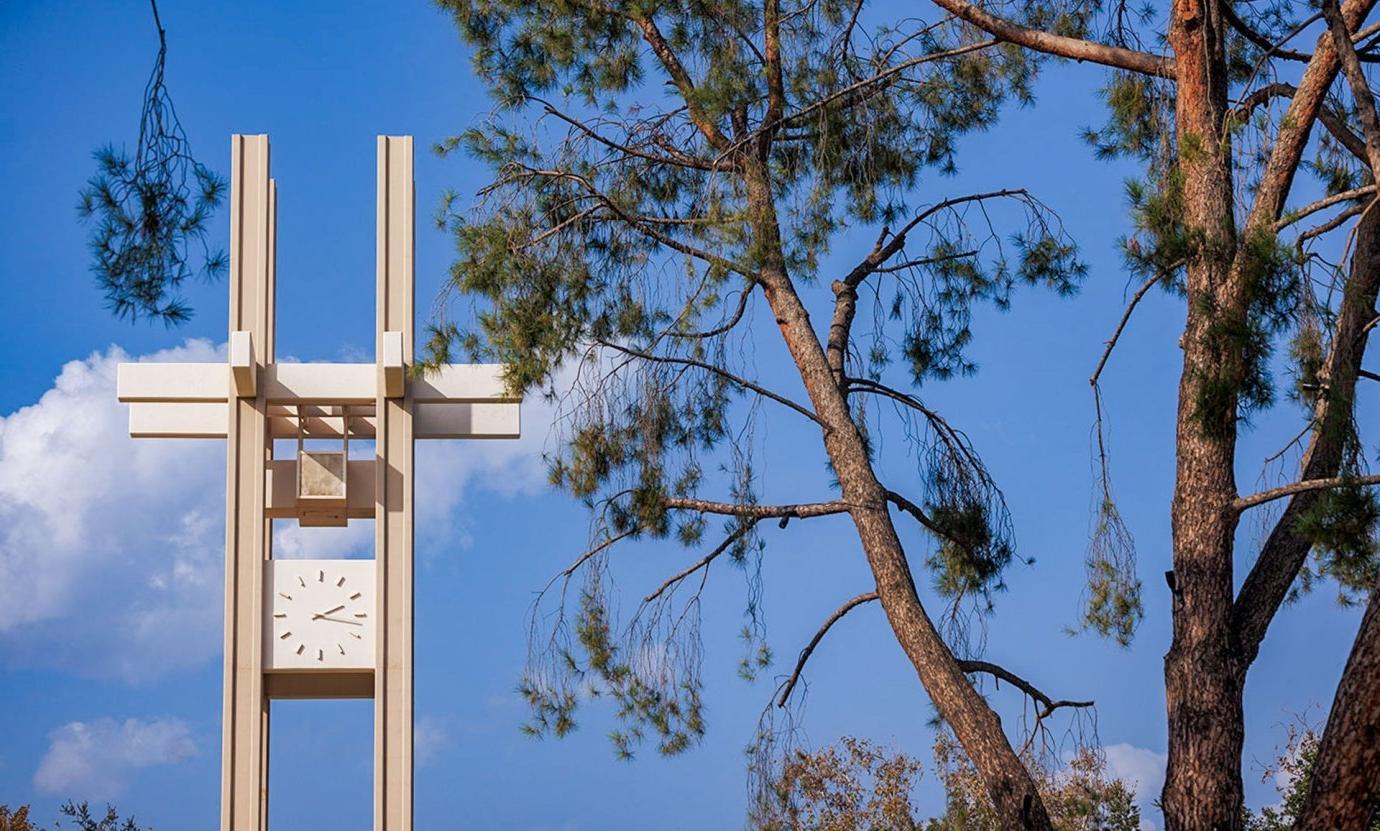 the pitzer clock tower with a pine tree in the foreground